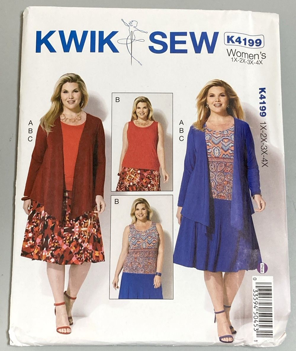 Kwik Sew K4199 Womens Draped Jacket Tank Top Gored Skirt Size 1X-2X-3X-4X Uncut